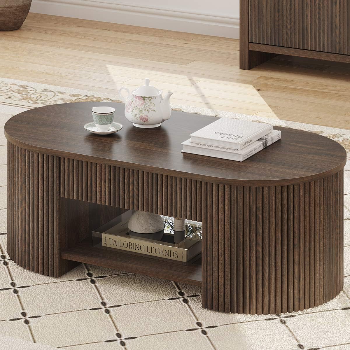 FATORRI Coffee Table with Storage, Mid Century Modern Wood Fluted Center Table with Shelf, Oval Coffee Tables with Drawer (Dark Walnut, 43.31 Inch)