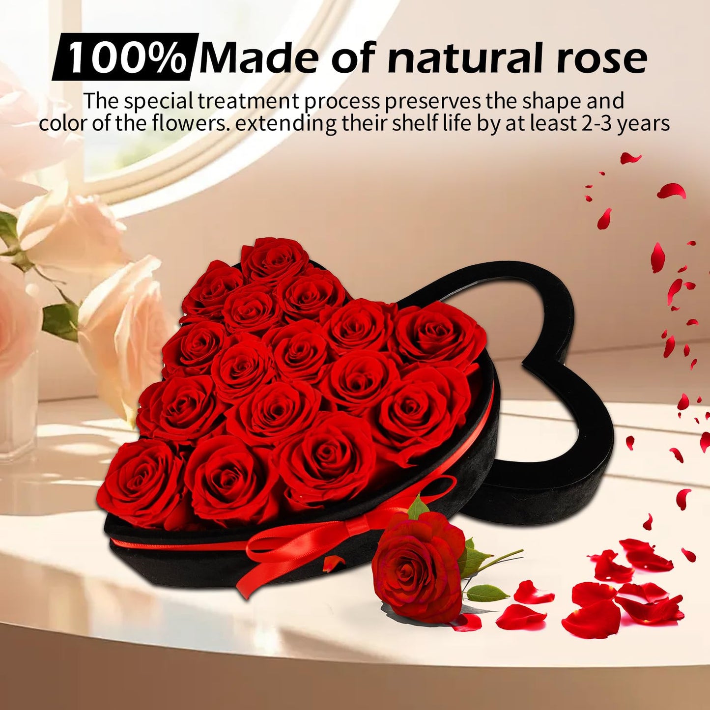 TuuToo 16-Piece Preserved Flower Real Rose in Luxury Suede Heart Shape Box, Birthday Gifts for Mom, Women, Wife, Prime Eternal Roses Gift for Mothers Day, Valentines, Anniversary, Wedding, Christmas