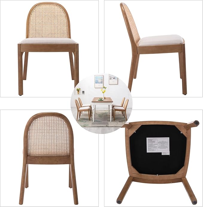 DUOMAY Mid-Century Modern Rattan Dining Chairs Set of 6, Wooden Dining Room Chair with Cane Backrest and Padded Seat, Linen Upholstered Dining Chair, Natural Finish, Beige