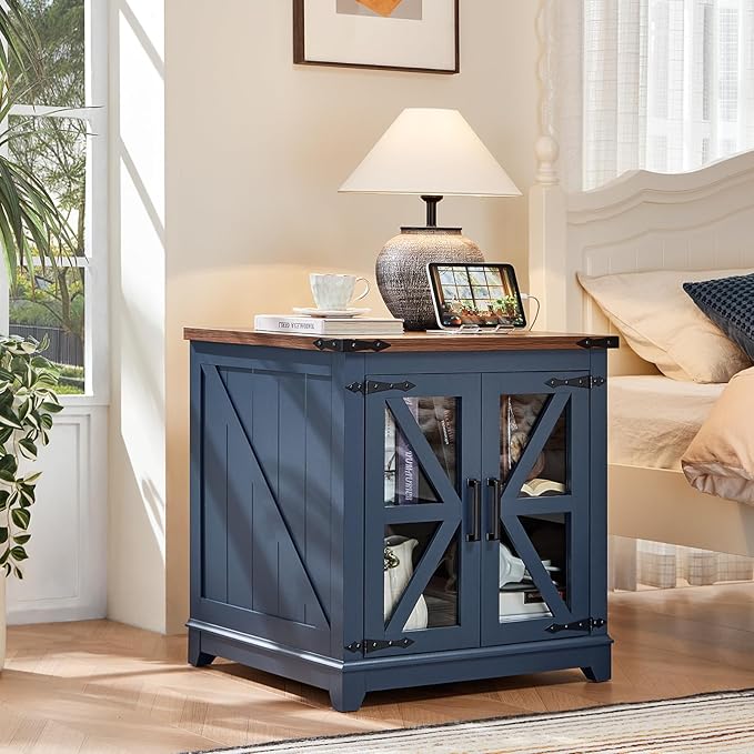 Joaxswe Farmhouse End Table with Charging Station, 24" Large Sofa Side Table with Glass Barn Door, Blue Nightstand with Adjustable Storage Shelf,Wood Square Bedside Table for Living Room,Bedroom