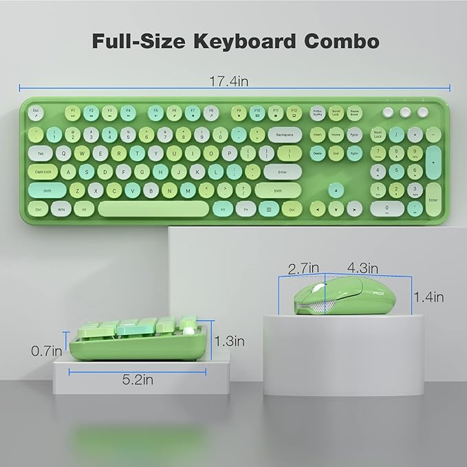 Wireless Keyboard and Mouse Combo, 104 Keys Full-Sized 2.4 GHz Round Keycap Colorful Keyboards, USB Receiver Plug and Play, for Windows, PC, Laptop, Desktop (Green Colorful)