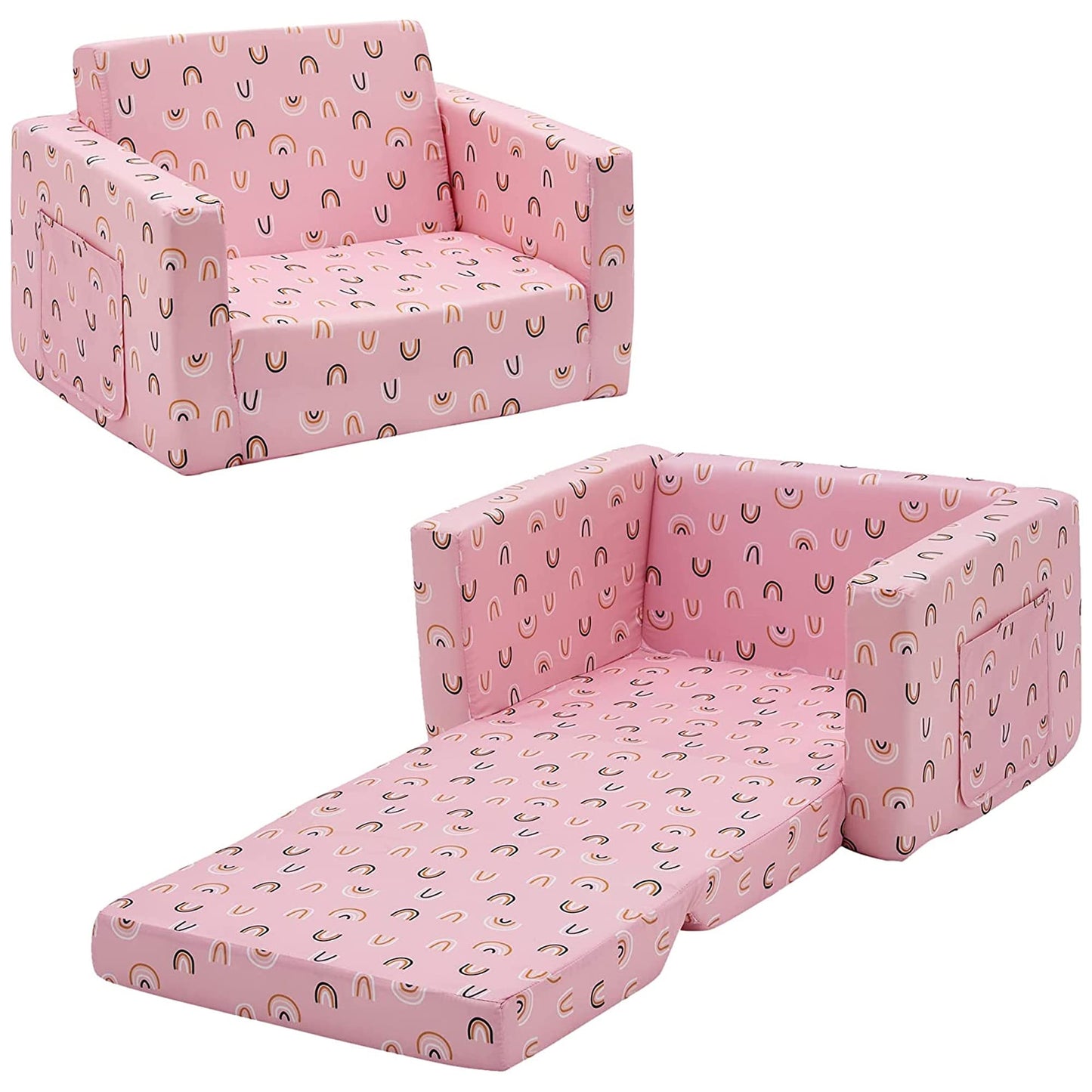 Ulax furniture Kids Sofa Chair Children FILP-Out Chair 2-in-1 Convertible Sofa to Sleeper Couch (Pink Rainbow)
