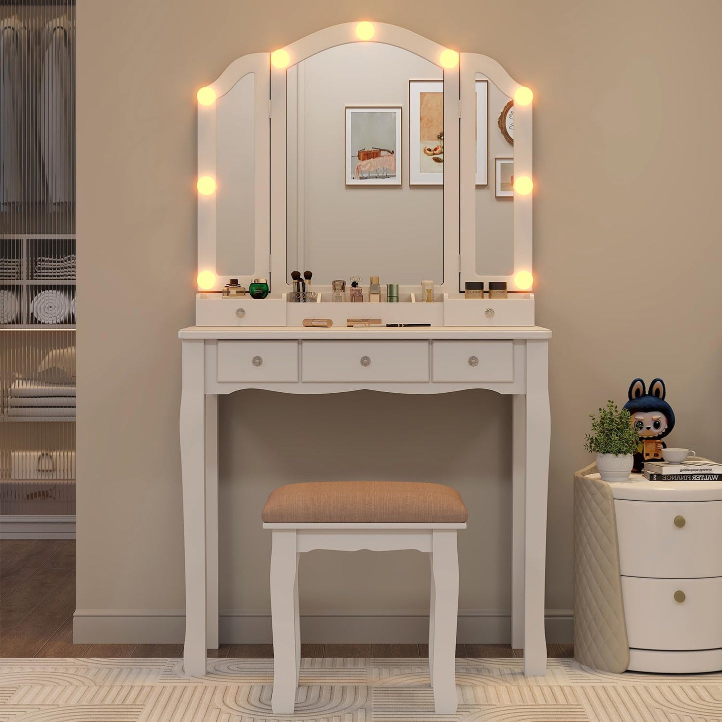 Longtesun Makeup Vanity Set Teen Vantity Set White Vanity Desk with Mirror and Lights Vanity Table with Lights Vanity Mirror with Lights Desk and Chair Makeup Vanity Table Makeup Vanity with Lights