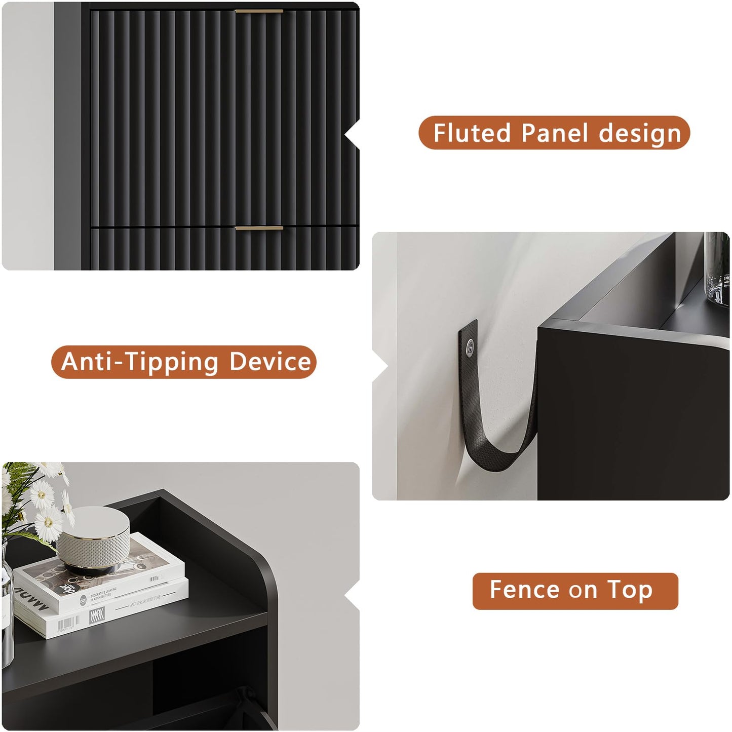 SINROM Fluted Shoe Cabinet with 3 Flip Drawers, Narrow Shoe Storage Cabinet for Entryway, Freestanding Shoes Rack Organizer Cabinets with Adjustable Shelves for Entryway, Hallway