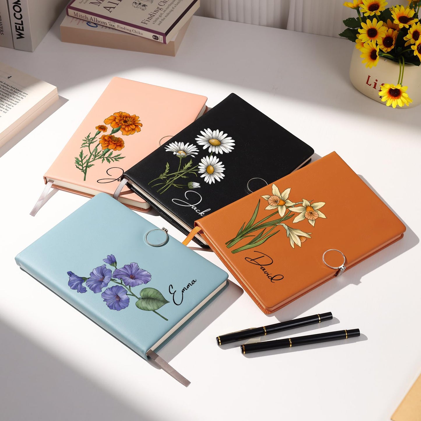 Personalized Journal Notebooks for Work School with Pen Gift Set Custom Birth Flower Name College Ruled Hardcover Notebook Studen Teacher Journal for Women Men Back to School Business Gifts (BirthFlower Name #1)