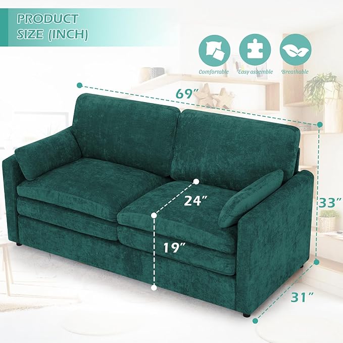 ACMEASE 3 Pieces Chenille Sofa Set w/Arm Pillows, Upholstered Loveseat & 2 Pieces 3 Seater Sofa w/Comfortable Back Cushions, Modern 2-Seat & 3-Seat w/High-Density Foam for Living Room, Teal