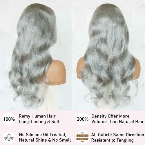 Mscathy Halloween Wigs 200% Grey Human Hair Wigs Body Wave 13×4 UHD Transparent Pre Plucked Pre Cut Gray Lace Front Wig Virgin Human Hair Glueless Lace Front Wigs for Women (18 Inch, Grey body wave)