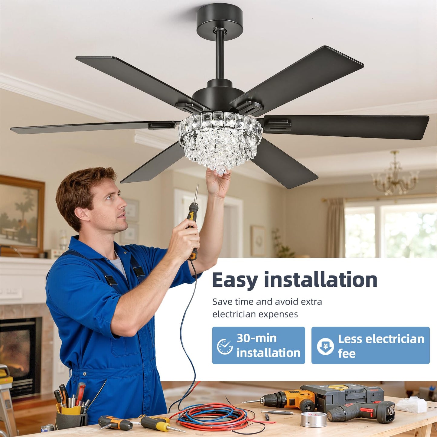 52 Inch Crystal Chandelier Ceiling Fan with Light, 6-Speed Remote Control Black Fandelier with Timer, 6 Reversible Blades Fan Chandelier for Living Room Bedroom, Dimmable LED Light, Quiet DC Motor
