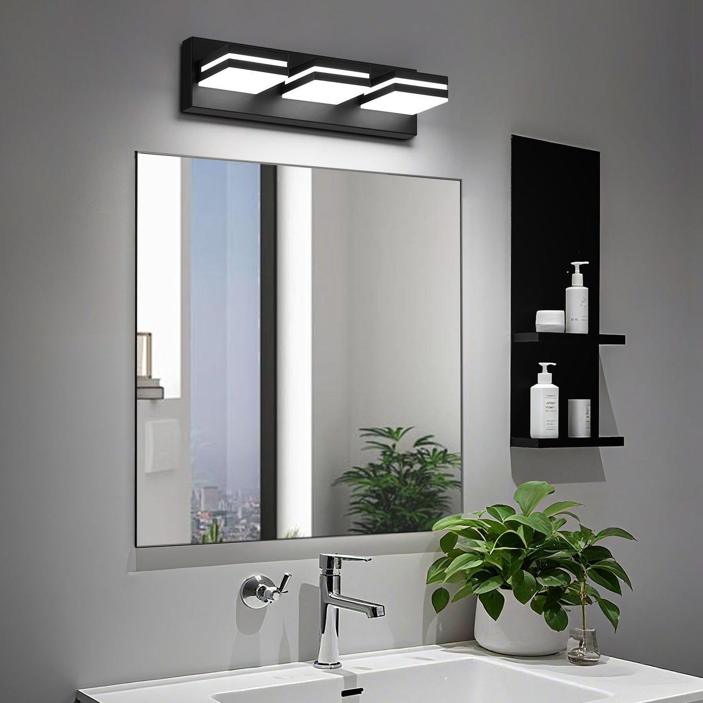 JZEKVN Modern LED Bathroom Lights Fixtures(3-Light),Metal Black Acrylic Wall Lighting,Vanity Lights for Bathroom Over Mirror(6000k 16In