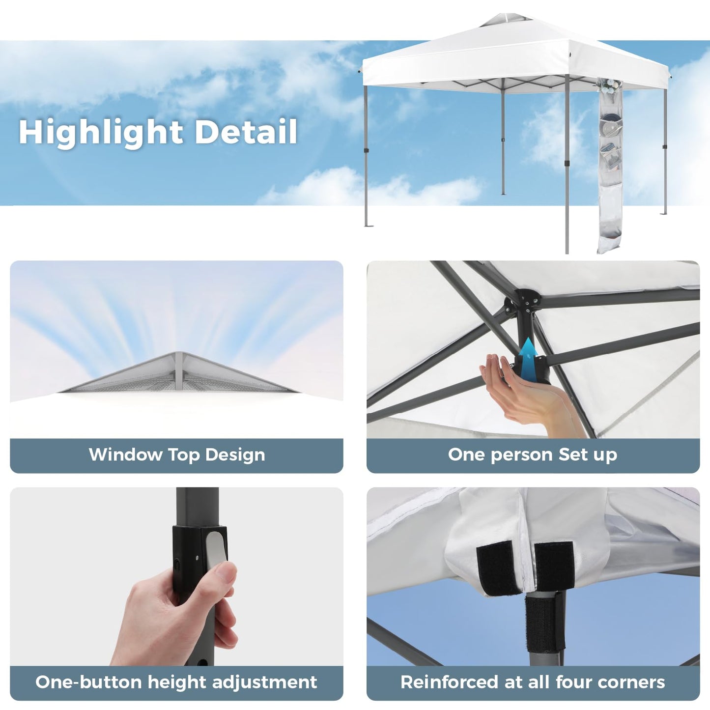 GREEN PARTY 10x10 ft Pop Up Canopy Tent, 1-Person Setup Instant Outdoor Canopy with Vented Top, Wheeled Carry Bag, 4 Ropes & 4 Sandbag -White