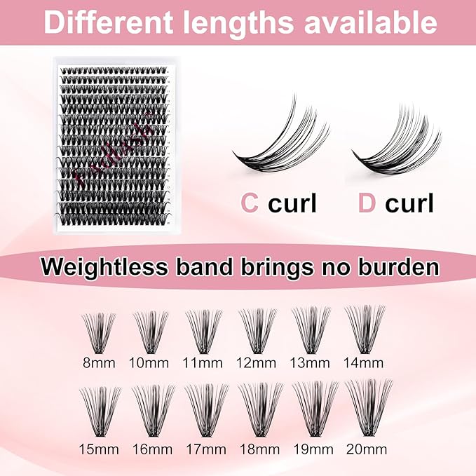 Cluster Lashes 300Pcs Mix 8-20mm individual lashes 40D D Curl Lash Clusters DIY Eyelash Extensions Wispy Individual Lash Extensions Thin Band Soft Eyelash Clusters to Use at Home (40D-0.07-D,8-20mm)