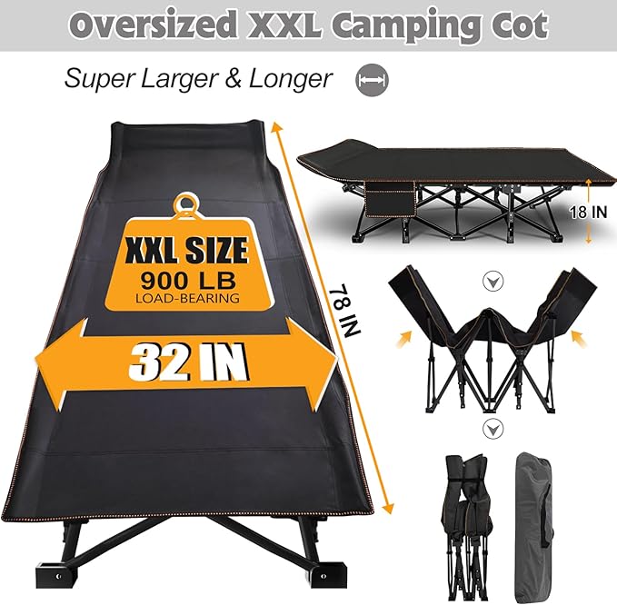 ABORON 2PK XXL Camping Cot for Adults 900LBS - 78"×32" Oversized Folding Bed with Mattress Pad, Heavy Duty 1200D Oxford Outdoor Cot with Carry Bag