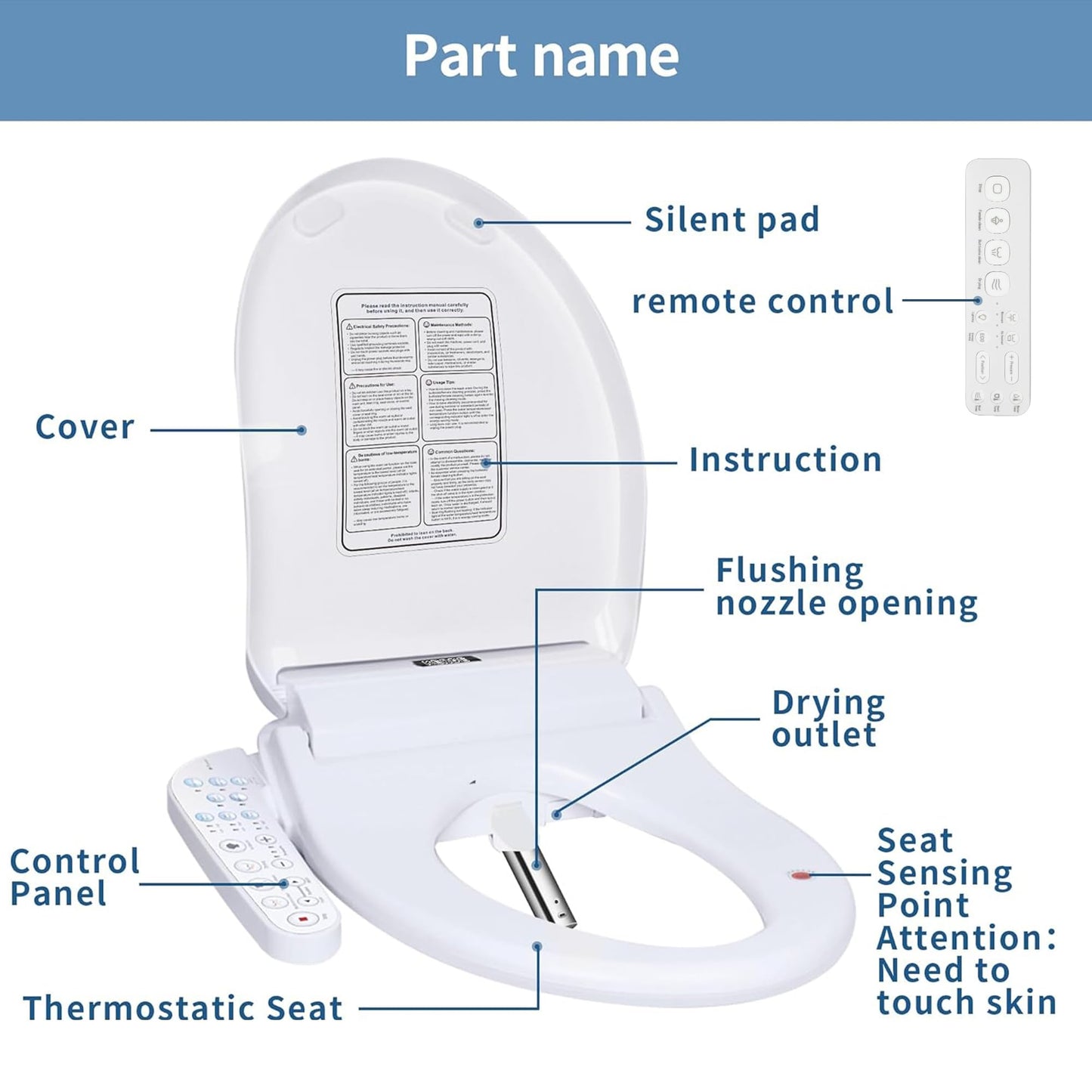 KERDE P30B Bidet Toilet Seat - Dual Control (Side Panel & Remote), Warm Water Wash, Heated Seat, Warm Air Dryer, LED Night Light,Existing Toilets Electric Bidet Elongated Electronic Heated Smart
