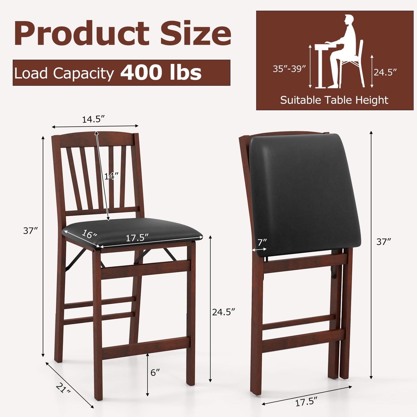 Giantex Folding Bar Stools Set of 2, 24.5" Counter Height Bar Dining Chairs with Back, Padded Seat, Footrest & Rubber Wood Legs, Upholstered Foldable Barstools for Kitchen Island, No Assembly Needed