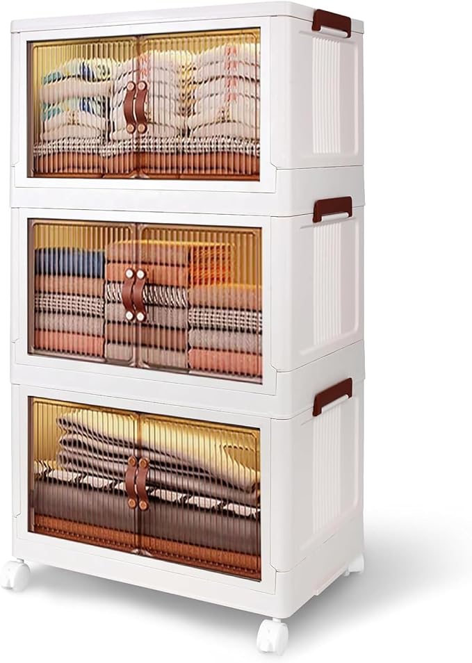 3-Tier Collapsible Plastic Storage Bins, Storage Bins with Wheels, Collapsible Storage Boxes, Clear Plastic Stackable Organizer Boxes, 200 QT Capacity, White (3 Tier, 23.6″)