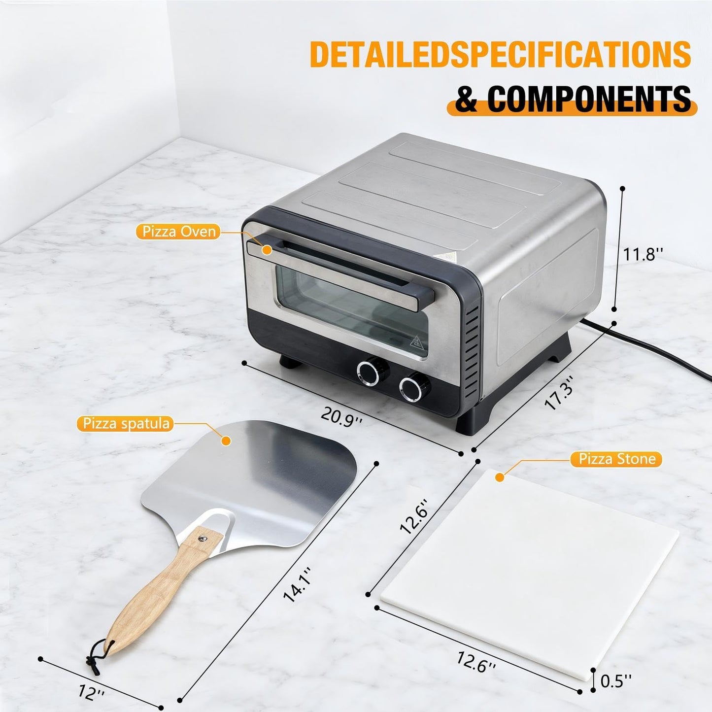Sweetcrispy 1600W Electric Pizza Oven with Digital Display, 6 Preset Functions, 750°F High Heat, Pizza Stone & Pizza Peel Included, Countertop Air Fryer Oven for Homemade Pizza