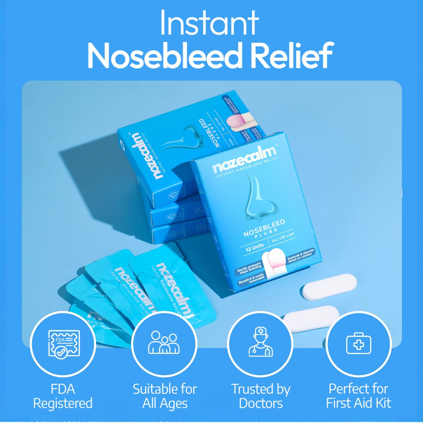 NozeCalm Nose Bleed Stopper - Nasal Plugs for Kids, Adults & Seniors, Instant-Acting Non-Stick Plugs - Disposable Zero-Chemical Bloody Nose Solution for Emergency Supplies & Travel - 12 Counts