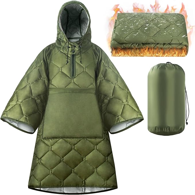 FUNANASUN Recycled Wearable Sleeping Bag, 4-in-1 Poncho Blanket Hoodie with 650FP Insulation, Ultralight Packable for Adul...