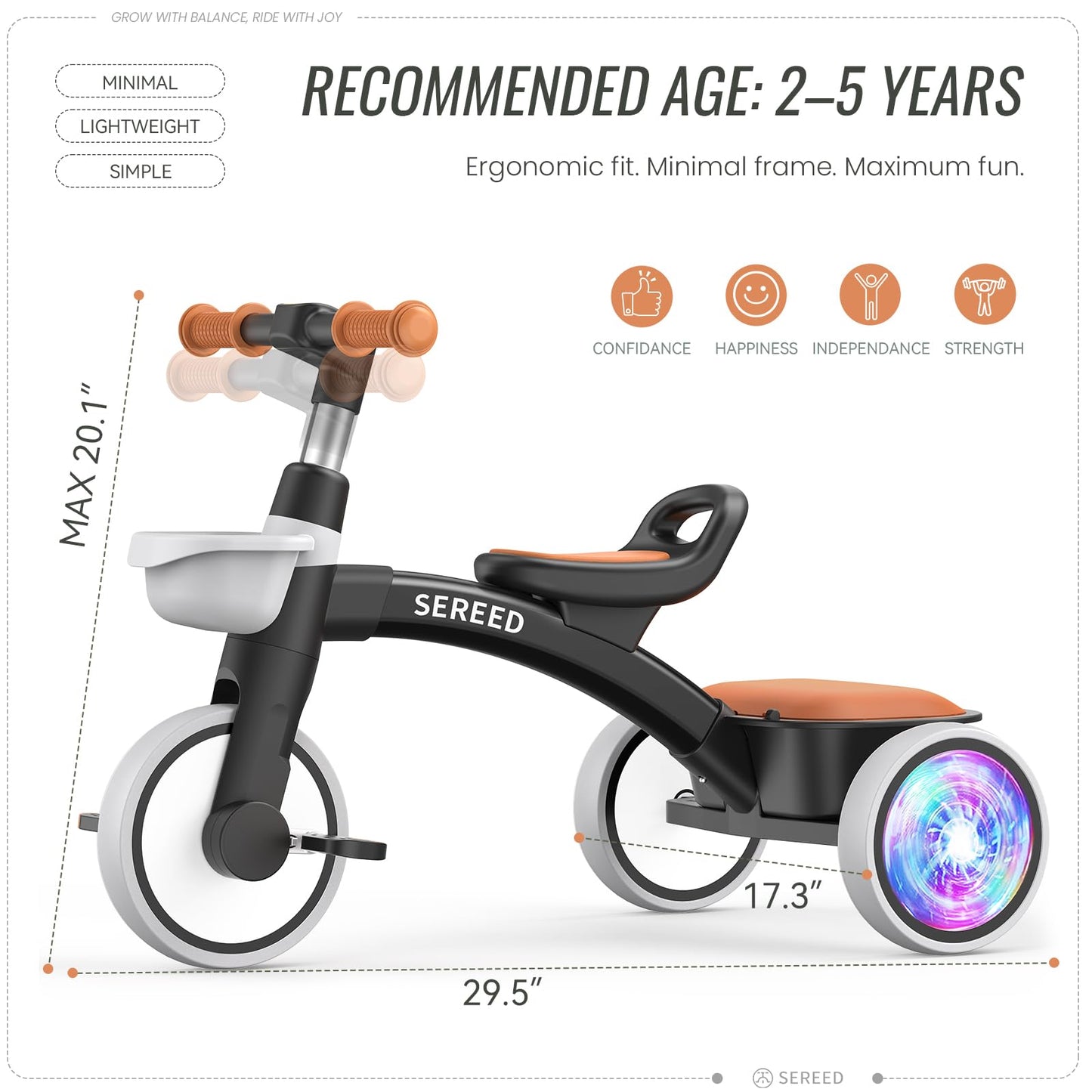 SEREED Colorful Lighting Toddler Tricycle for 2-5 Years Old Boys, Adjustable Seat&Handlebar Trike, Removable Basket, Birthday Gift Idea for Kids Ages 2+ (Black)