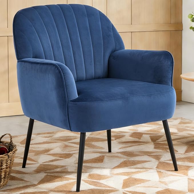 Holiway Velvet Accent Chair, Upholstered Modern Leisure Single Sofa Side Living Room Chair, Comfy Tufted Back Armchair with Metal Legs for Waiting Room/Bedroom/Office/Reading Room, Blue