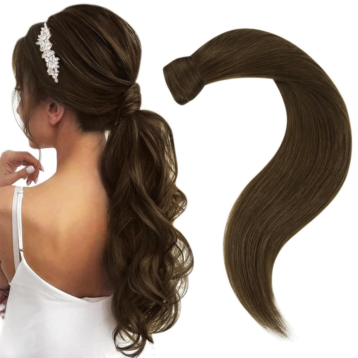 Easyouth Ponytail Extension Brown Human Hair Ponytail Extensions Wrap Around Ponytail Human Hair Pony Tails Hair Extensions Clip