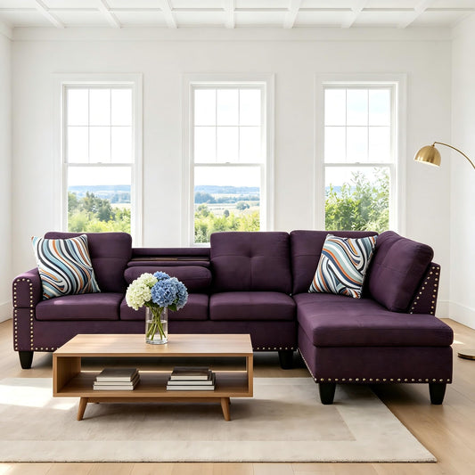Trygoal L-Shaped Sectional Sofa, Modern 4-Seat Couch with Built-in Cup Holders, Upholstered Fabric Sectional Couch with Right Facing Chaise for Living Room, Apartment, Office, Purple