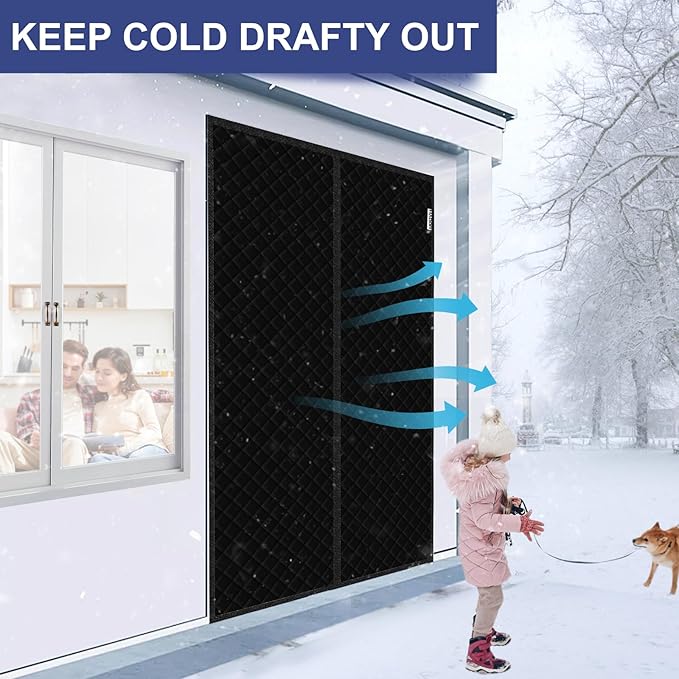 Magnetic Thermal Insulated Door Curtain Fit Door Size 72" x 80", Quilted Oxford Fabric Thicken Cotton Fill, Winter Door Cover Keep Cold Draft Out, Blanket Insulation for Front Patio Doors Black