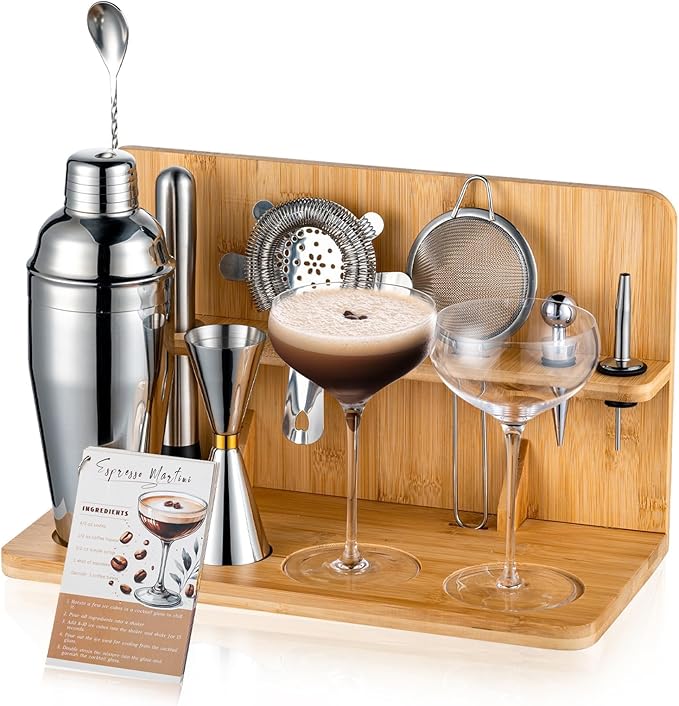 USEERIL Espresso Martini Kit Gifts Set with 2 Glasses,Mixology Bartender Kit,Cocktail Shaker Set with Bamboo Stand for Dri...