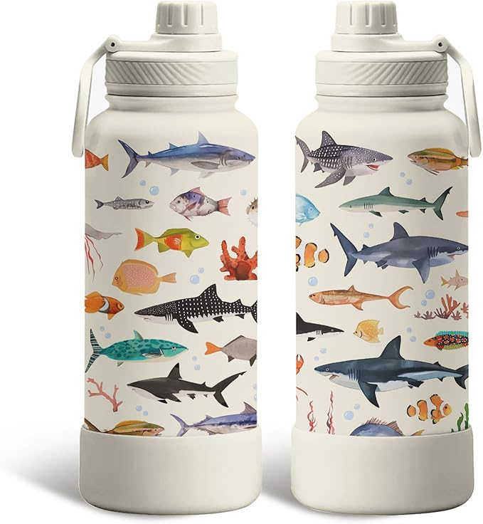 Gifts for Men 34oz Fish Water Bottle, Fisherman Tumbler with Spout Lid, Leak Proof Vacuum Insulated Stainless Steel Cup Tr...