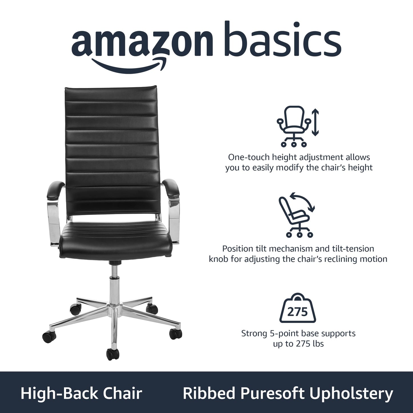Amazon Basics High-Back Swivel Office Chair with Lumbar Support, Ergonomic Ribbed Faux Leather, Adjustable Height, 45.25" x 24.75" x 23.25", Black