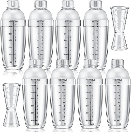 10 Pcs Plastic Cocktail Shaker Set, Including 8 Pcs 24 oz Clear Coffee Shaker Drink Mixer with Measurements 2 Double Measu...