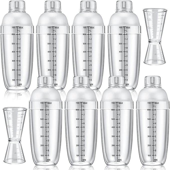 10 Pcs Plastic Cocktail Shaker Set, Including 8 Pcs 24 oz Clear Coffee Shaker Drink Mixer with Measurements 2 Double Measu...