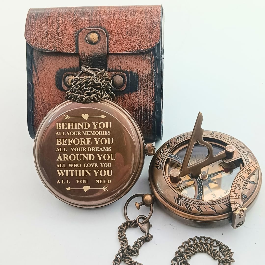 BEHINDE You Engraved Sundial Compass with Leather Case. Personalized Brass Pocket Compass Gifts for Men, Him, Son