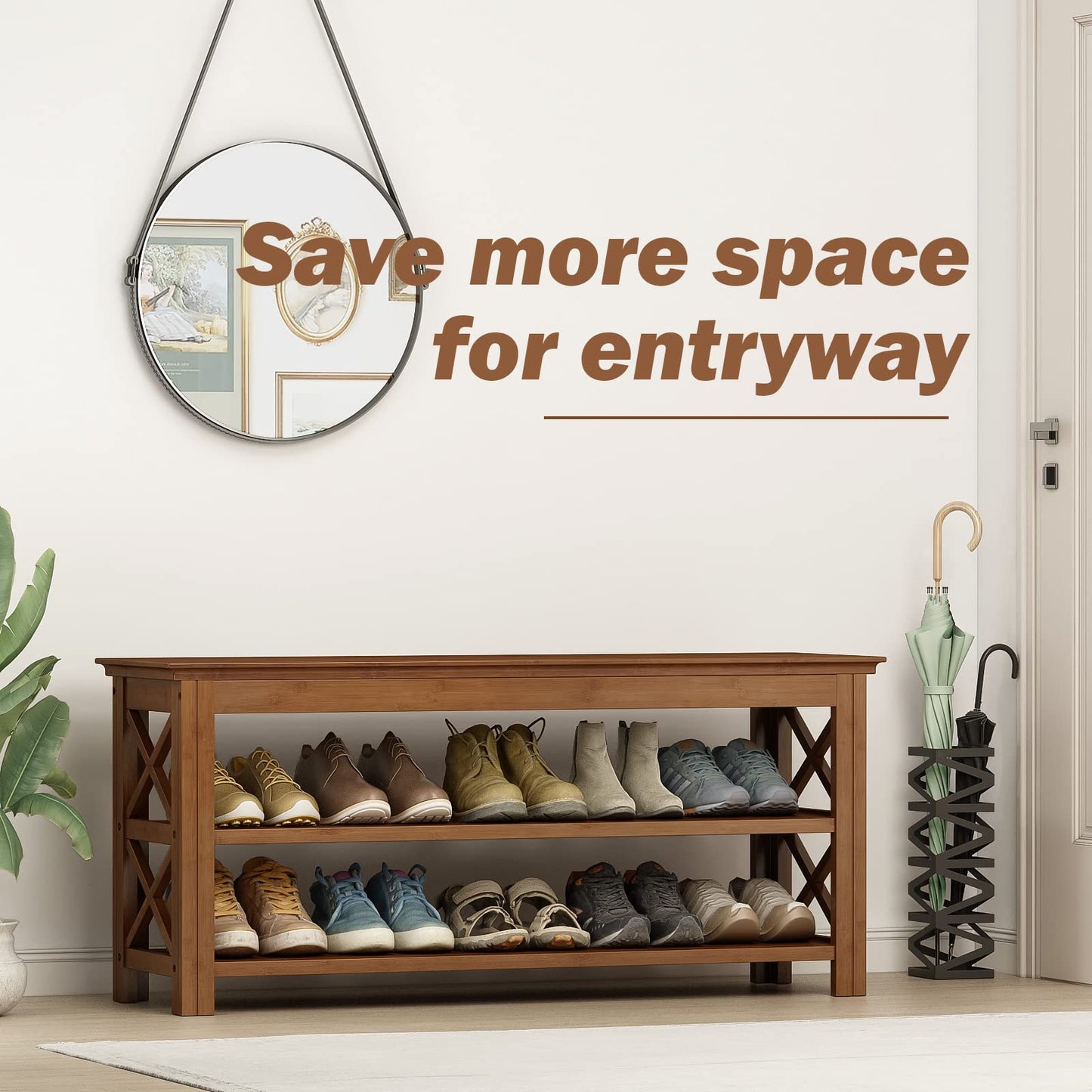 Bamworld Shoe Bench with Storage 3 Tier Bamboo Shoe Benche Entryway Rustic Solid Wood Entryway Bench (X-Brown,39.4")