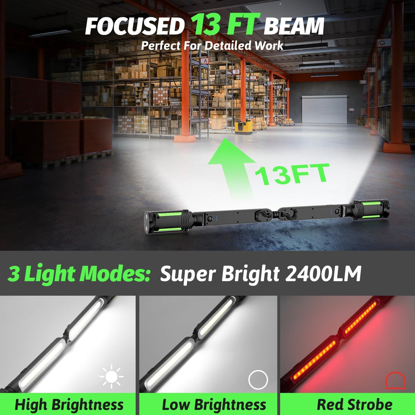 Rechargeable Mechanic Light, Single or Dual Use Underhood Work Light with Magnet and Sensor, 2400LM Magnetic Work Light Bar for Car, Inspection, Workshop, Garage, Emergency (2 Pack)