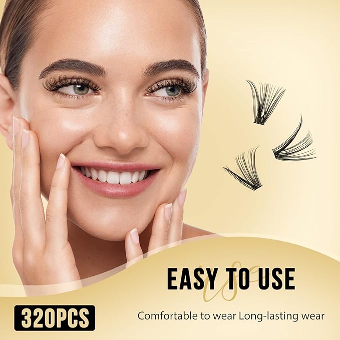 QUEWEL Lash Clusters 320Pcs Cluster Lashes 30D D Curl Lash Cluster Eyelash Extensions Mix12-18mm Individual Eyelashes Clusters Wispy Lash Clusters Thin Band Soft to Use at Home(30D D Mix12-18)