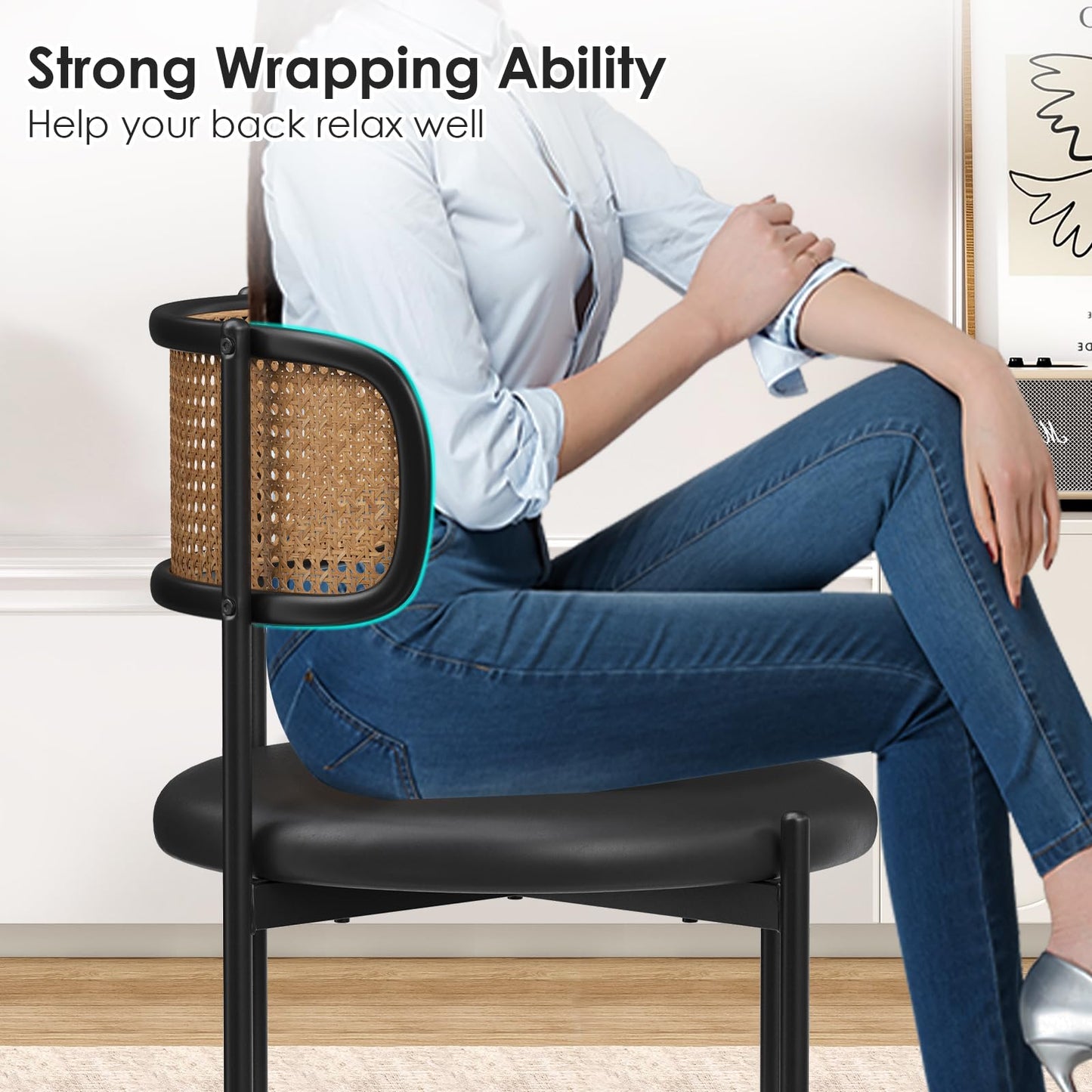 Farini Dining Chairs Set of 4, PU Leather Upholstered Seat with Woven Rattan Back, Sturdy Metal Legs Modern Side Chairs for Kitchen Living Room Restaurant, Black