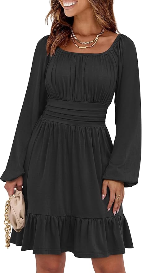 ANRABESS Womens Dress Long Lantern Sleeve Square Neck Elastic Waist Ruffle Flowy Swing A-Line Short Dresses 2025 Fall Fashion