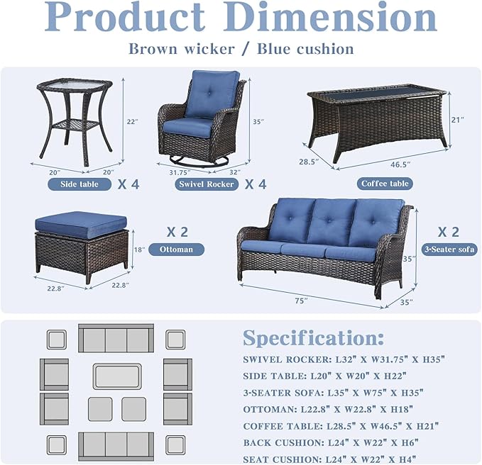 Belord Wicker Patio Furniture Sets - 13 Piece Outdoor Rattan Furniture Conversation Sets with 4 Swivel Rocker Chairs, 2 Rattan Sofas, Wicker Ottomans and Coffee Table, Brown/Blue
