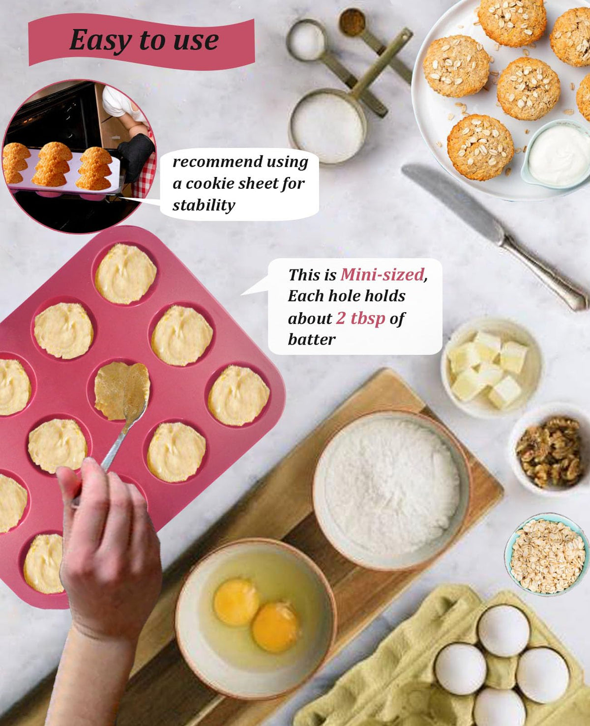 Sinoskye Silicone Muffin Pan, 12-Cup Cupcake Pan with Silicone Pastry Brush for Mini Egg Muffin, Keto Diet, BPA Free, Dark Red