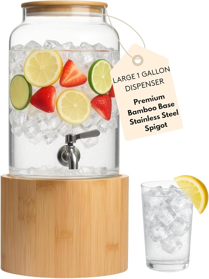 Kitchentoolz 1 Gallon Glass Drink Dispenser for Parties on Bamboo Stand - Premium Borosilicate Beverage Jar with Stainless...
