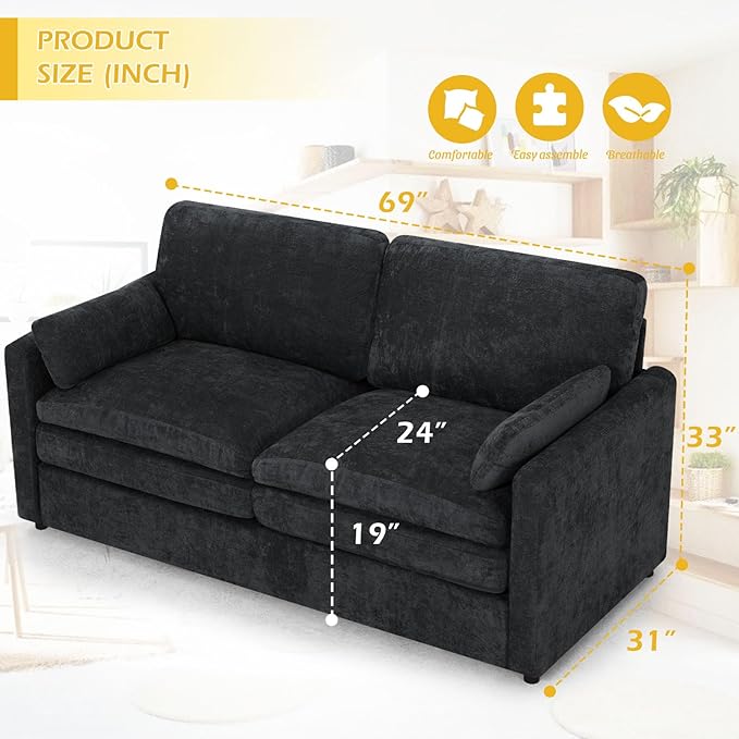 ACMEASE 3 Pieces Chenille Couch Set w/Arm Pillows, Upholstered 2 Pieces Loveseat & 3 Seater Sofa w/Comfortable Back Cushions, Modern 2-Seat & 3-Seat w/High-Density Foam for Living Room, Black