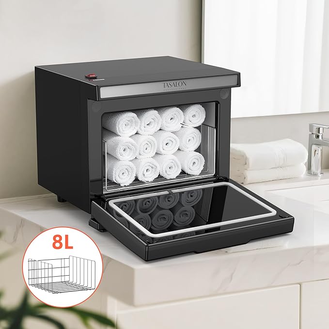 TASALON 8L Towel Warmer Hot Cabinet Box, Aluminum Inner Chamber, Removable Tray, Fast Heating for Beauty Spa Salon Massage - Black