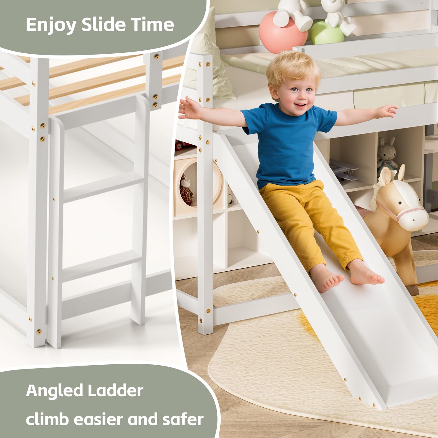 OLEAD Low Bunk Bed with Slide, Floor Loft Bed with Climbing Ladder, Wood Twin Bunk Bed Frame with Full Guardrails & Storage Space for Kids Toddler