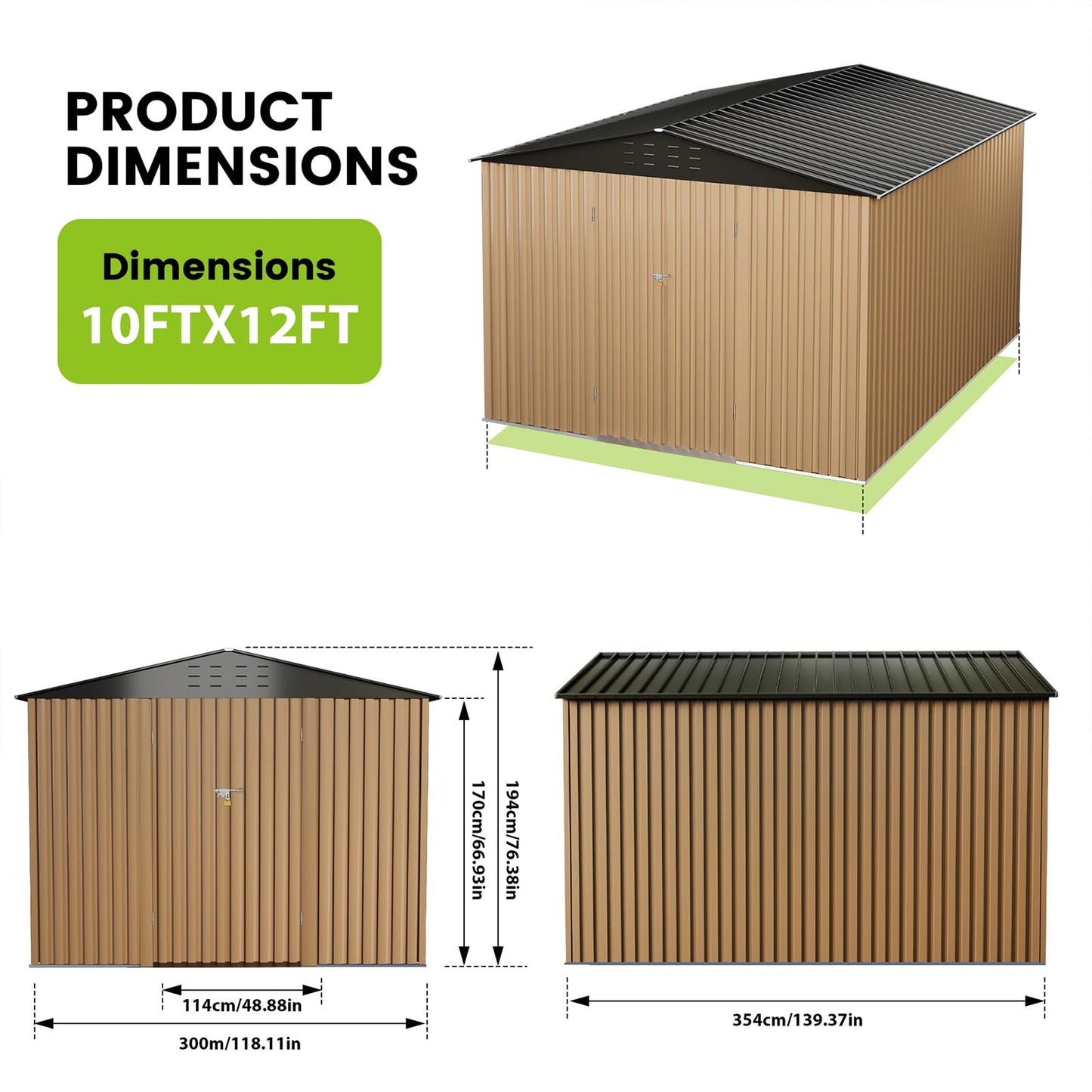 Outdoor Metal Storage Shed, 10x12ft Galvanized Steel Garden Tool Shed with Lockable Doors, Extra Large Outdoor Storage Sheds for Patio Lawn Backyard Outside Use, Brown