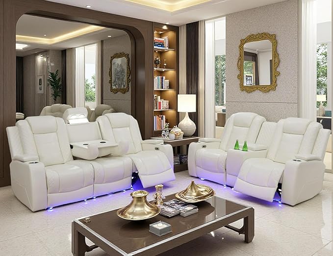 Toseslo Power Recliner Sofa and Loveseat Set, Leather Reclining Sofa Sectional Couches with Drop-Down Table, Living Room Furniture, Reclining Sofa with Cup Holders for House(Creamy White)