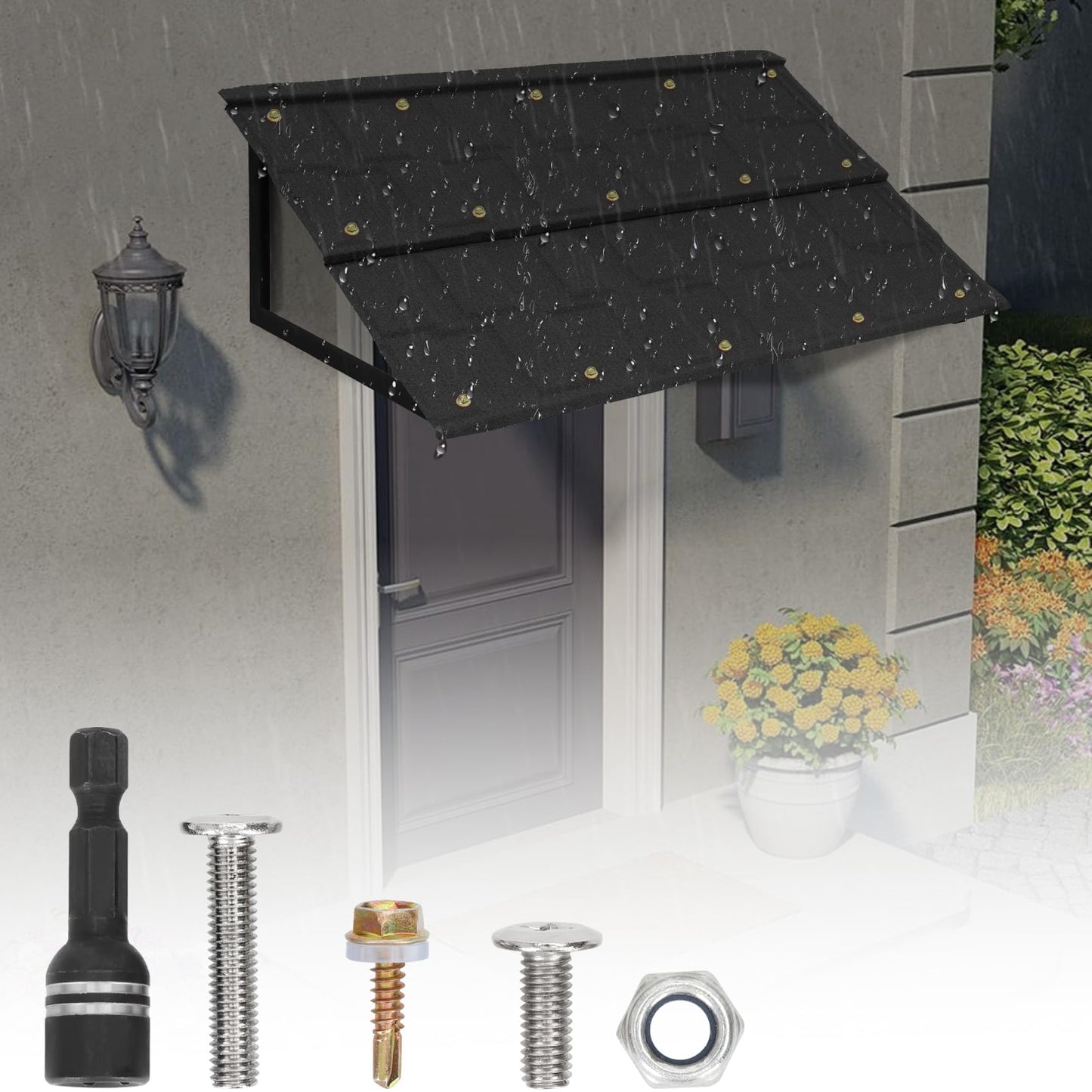 Fixed Metal Awnings 52in W x 31in H, Heavy-Duty Triangle Steel Frame with Tile-Design Metal Awning for Doors, Windows, Porches, Balconies (Black)