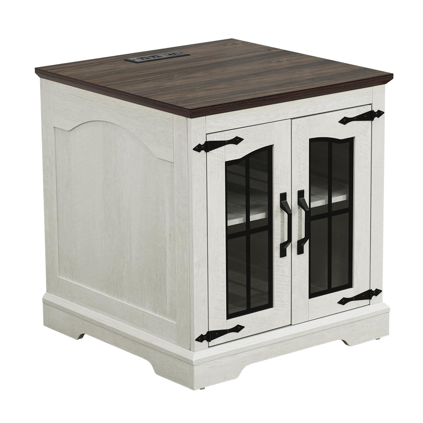 TRONLEE End Table with Charging Station, 23.6" Large Farmhouse Square Nightstand with Glass Barn Door, Sofa Side Table with Adjustable Storage Shelf for Living Room, Bedroom (White Walnut)