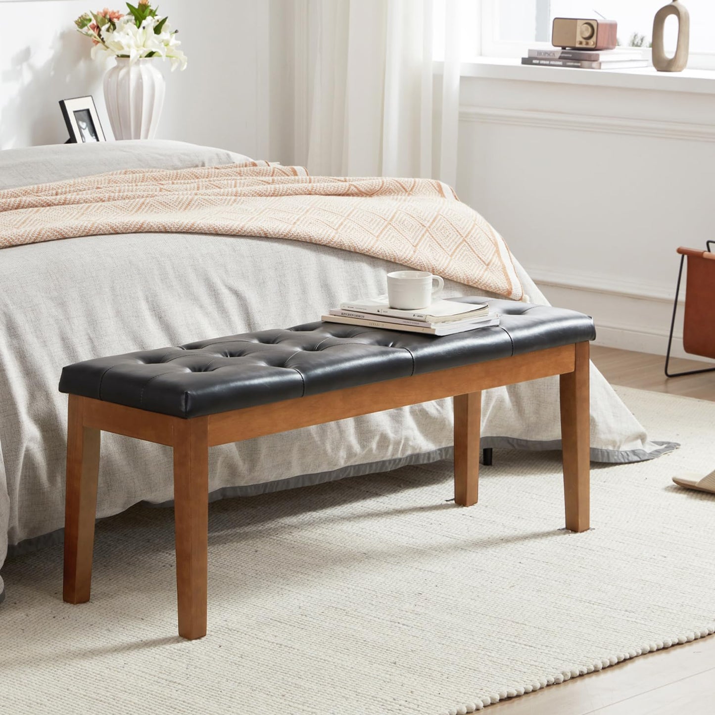 MILCIL Ottoman Bench Upholstered Padded Seat with Solid Wood Legs and Button-Tufted, Faux Leather Black