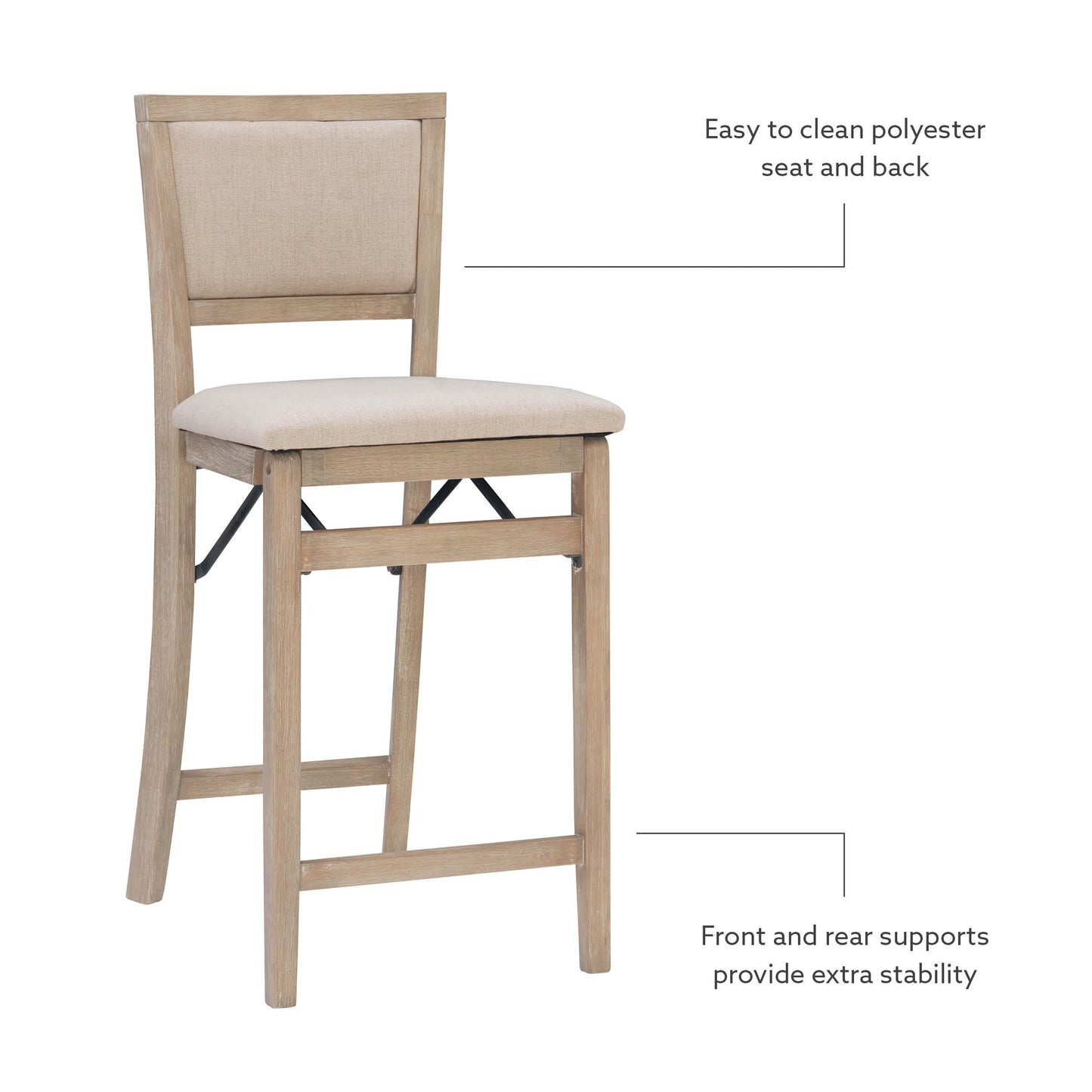 Linon Keira Natural Rustic Wooden Folding Counter Stool with Beige Upholstered Seat and Back